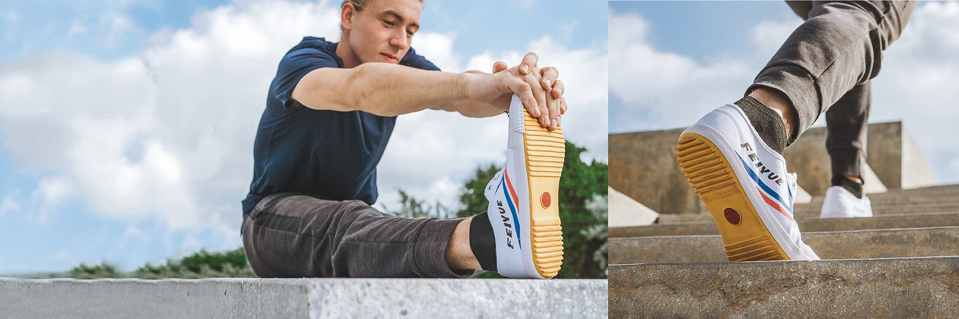 Man stretching whilst wearing Feiyue shoes